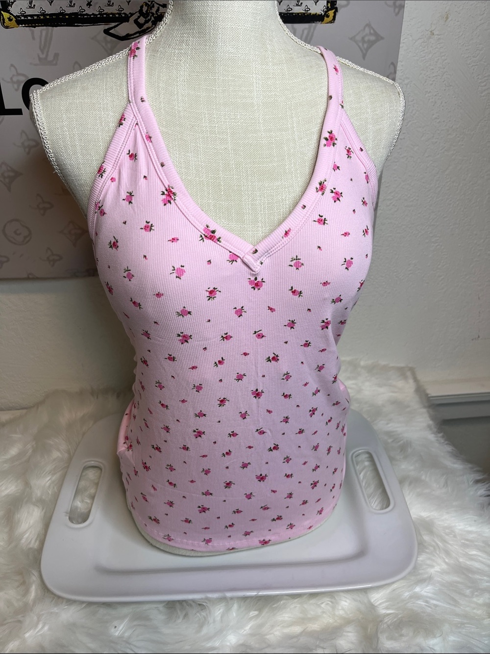 Light Pink Floral Ribbed V-Neck Cami